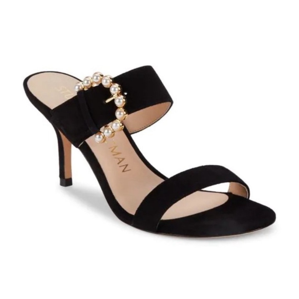 Stuart Weitzman Pearl Embellished Buckle Suede Heel